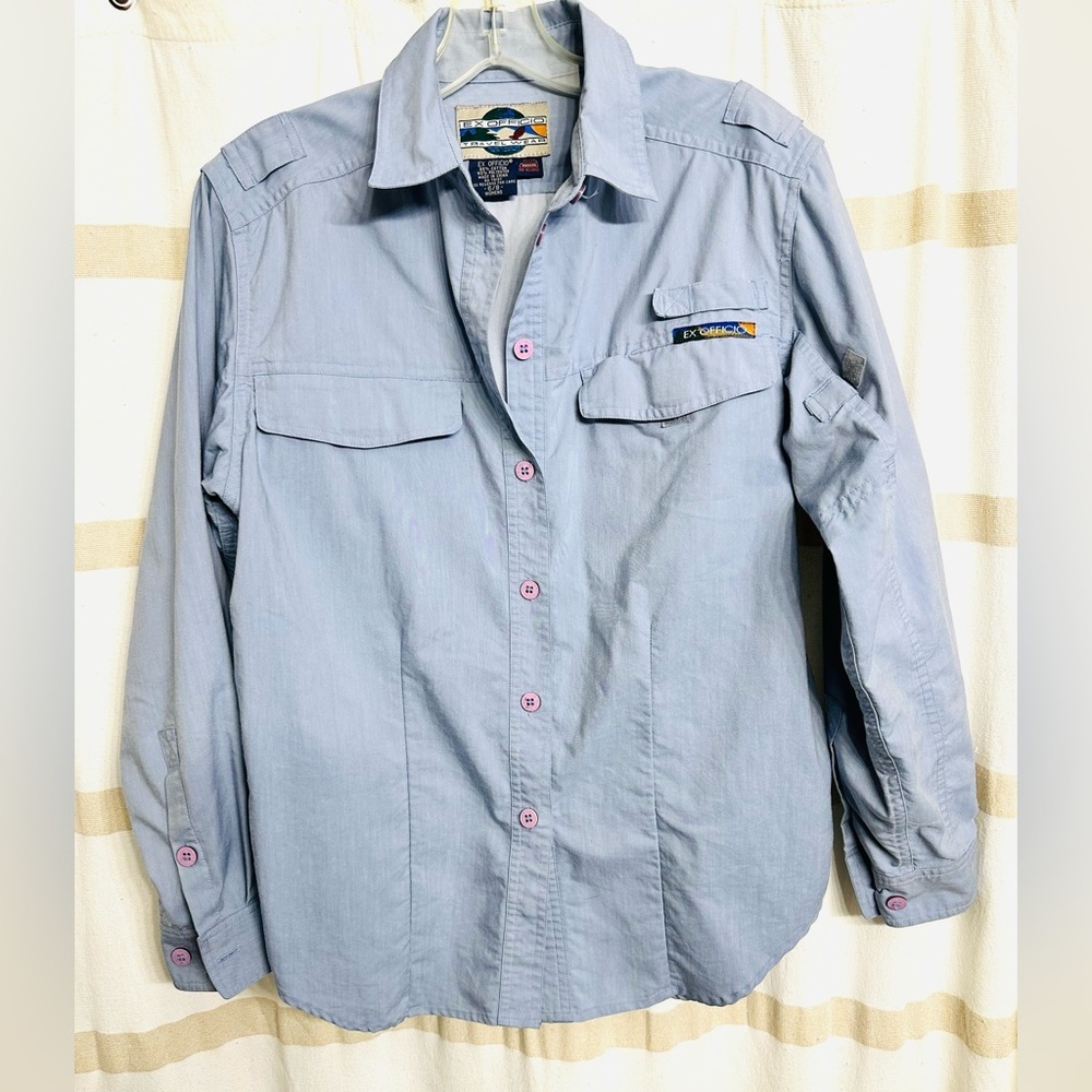 Ex Officio Women Long Sleeves ButtonUp Many Pockets w/Velcro Light Blue Size 6-8